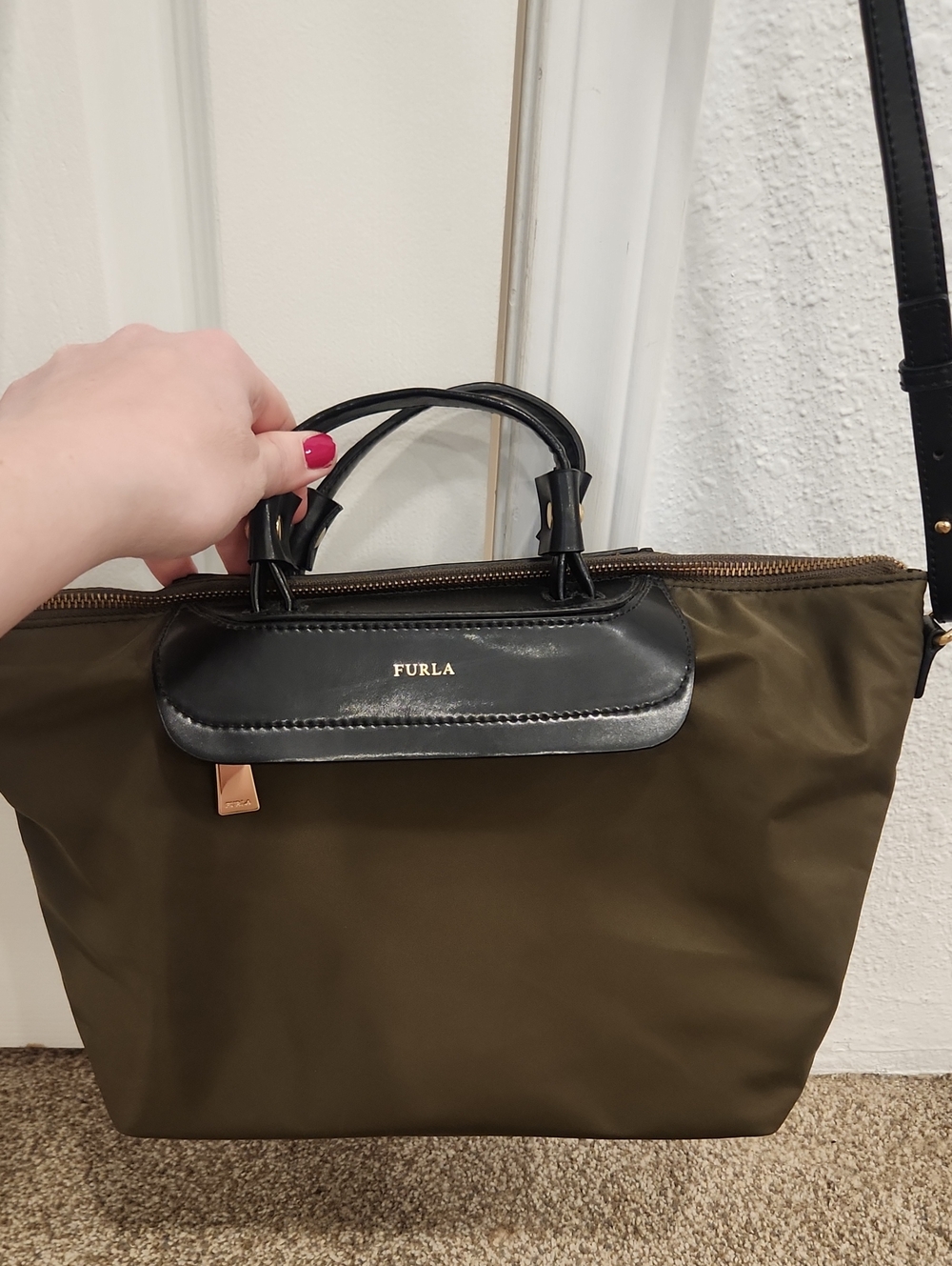Furla Olive and Black Nylon Messenger Bag